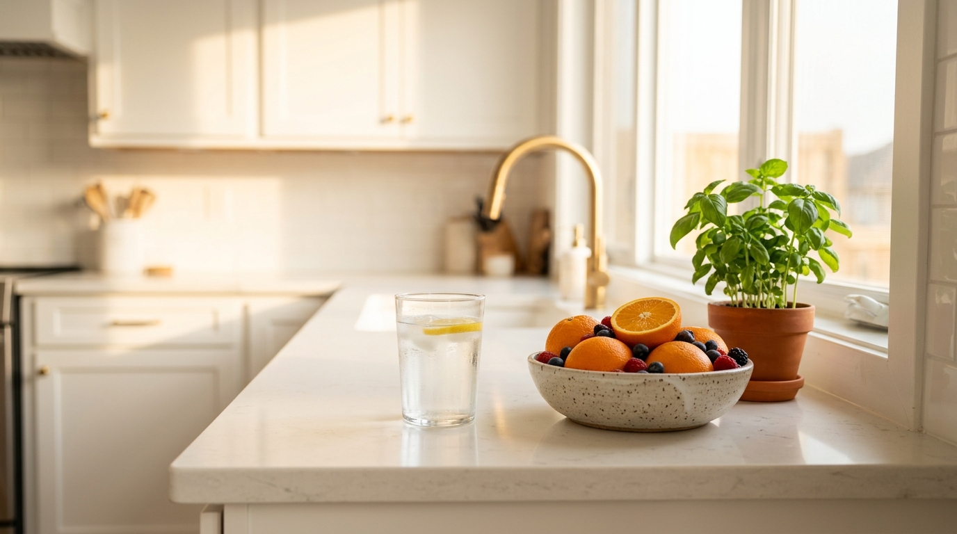 Sklenice vody s citronem a čerstvé ovoce na ranním stole