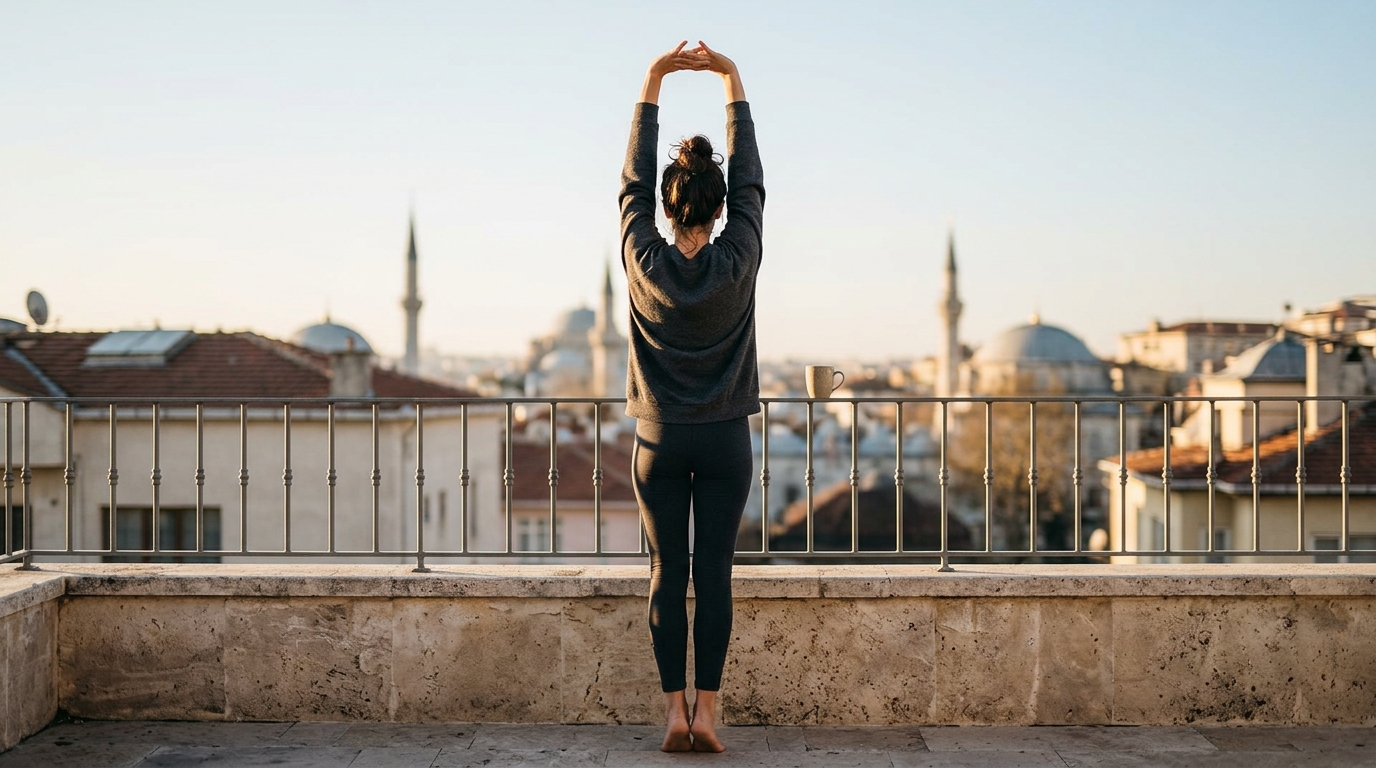 Ranní protahování na slunném balkóně