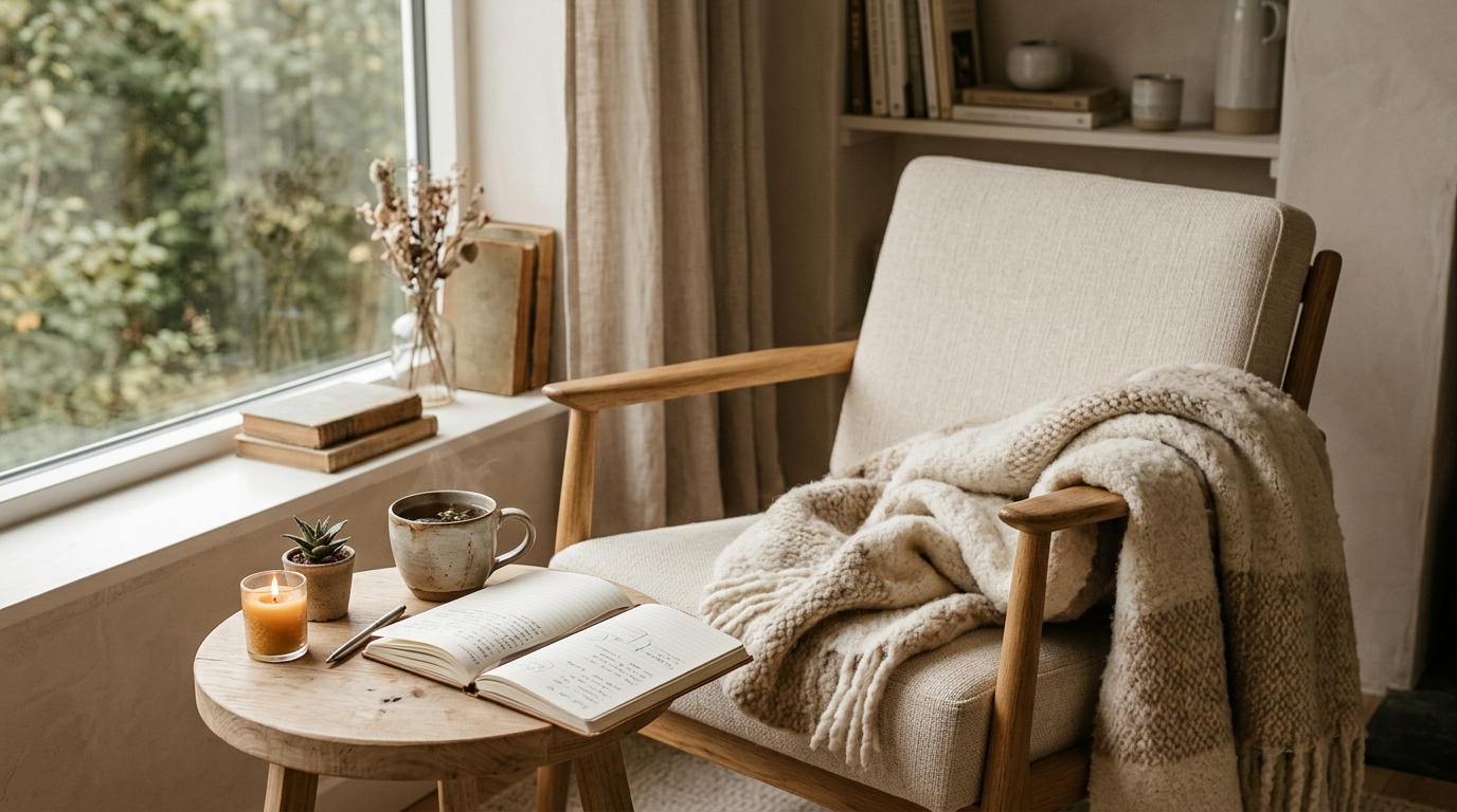 Klidné místo pro ranní meditaci s deníkem a čajem